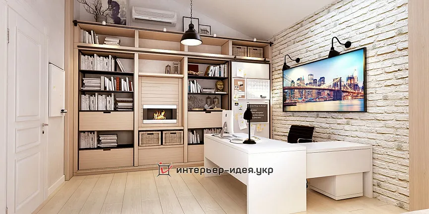Дизайн кабинета с красивой белой кирпичной стеной