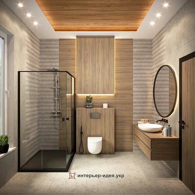 Санузел с плиткой "под дерево" в доме в Запорожской области